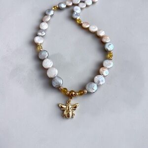 Gold Bee Charm Baroque Pearl and Citrine Necklace